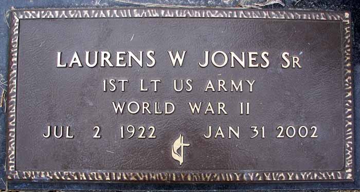 U.S. Army bronze marker: Laurens W. Jones Sr., 1st Lt US Army, World War II, 1922–2002.