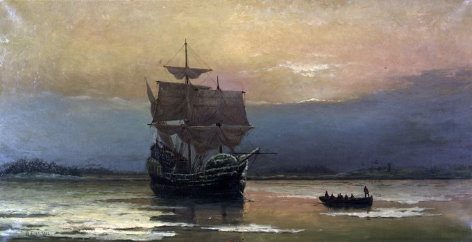 Painting of the Mayflower in Plymouth Harbor by William Halsall