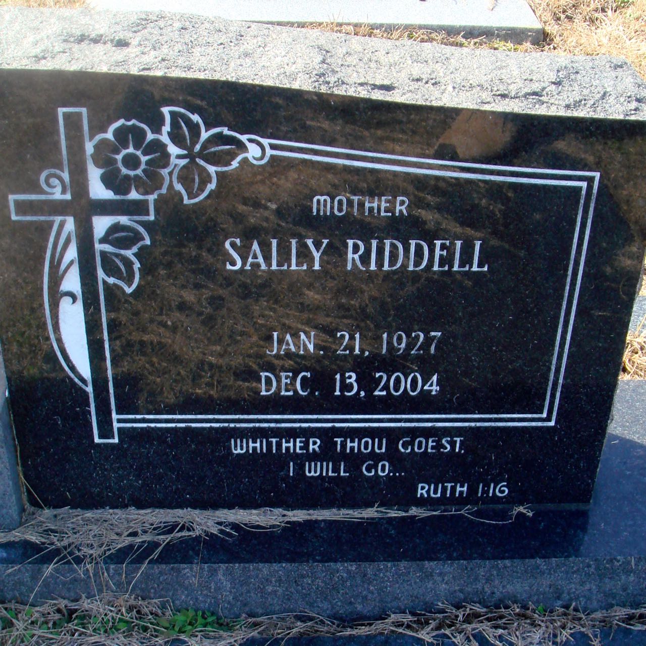 Headstone of Sally Riddell Jones, 1927–2004, with the epitaph from Ruth 1:16.